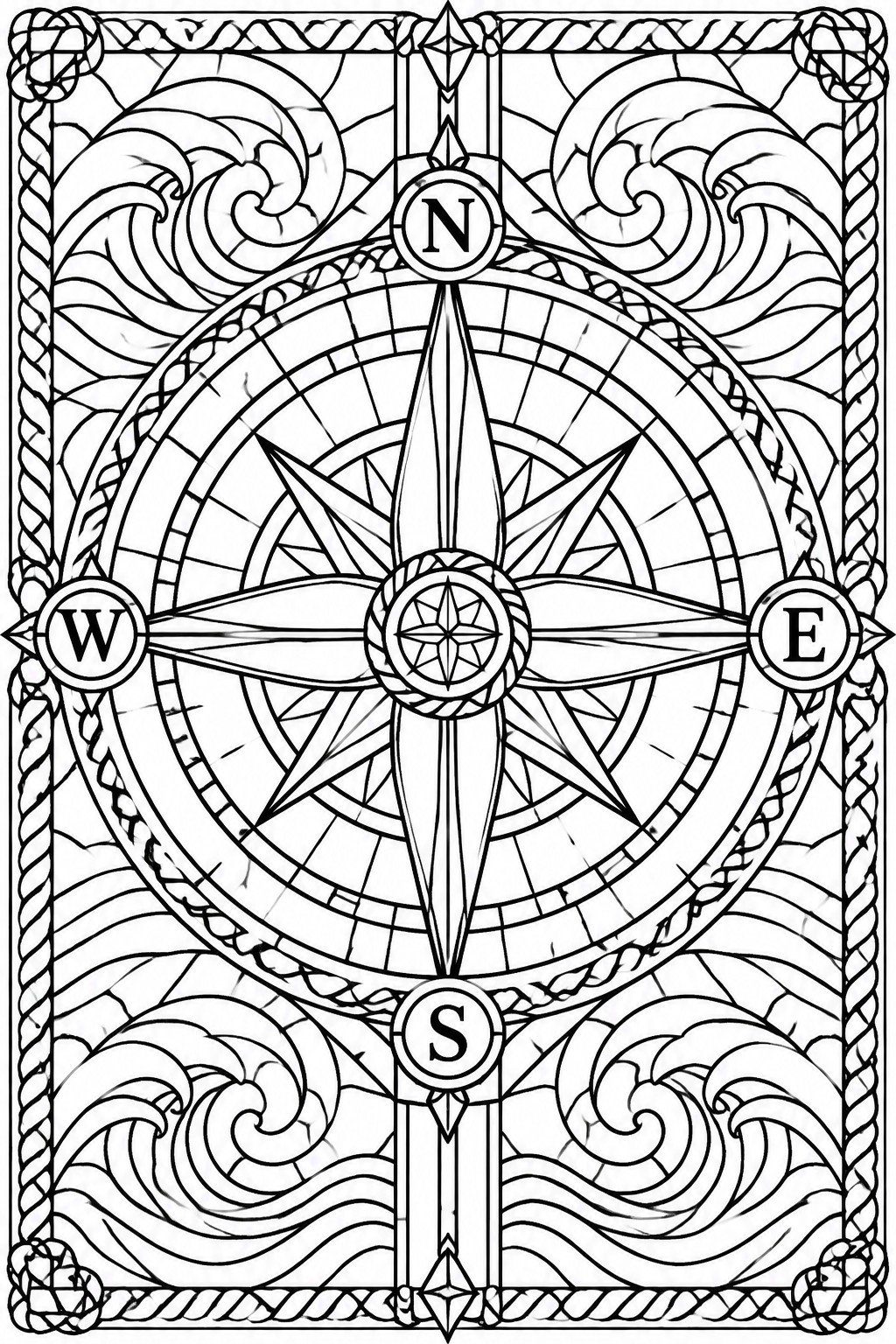 Black and white line art of a compass rose with N S E W labels inside a circular stained glass design framed by waves and rope borders.