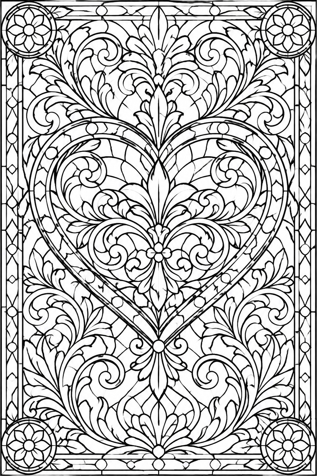 Ornate black-and-white heart with intricate floral scrolls and corner medallions.