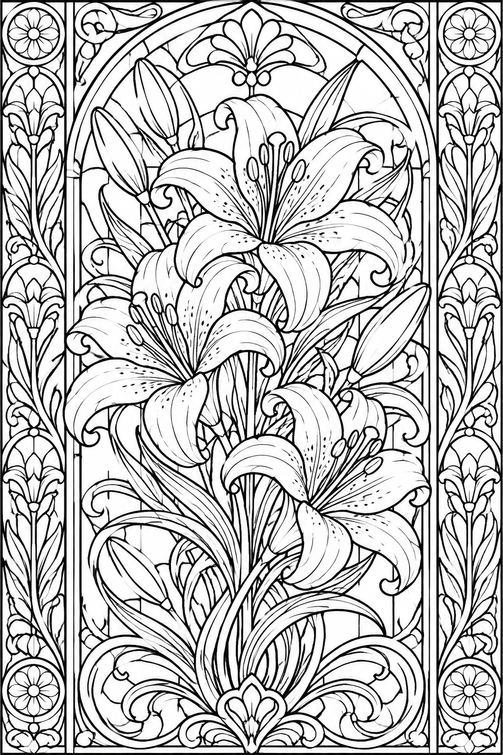 Ornate black-and-white line art of lilies in arched decorative frame with floral borders.
