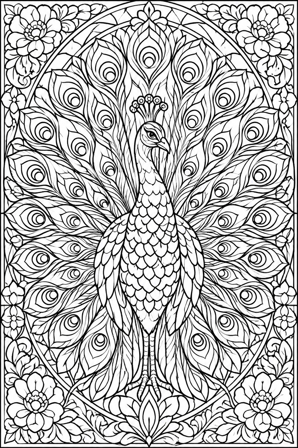 A black and white line drawing of a peacock with a fully fanned tail inside a circular frame bordered by flowers.