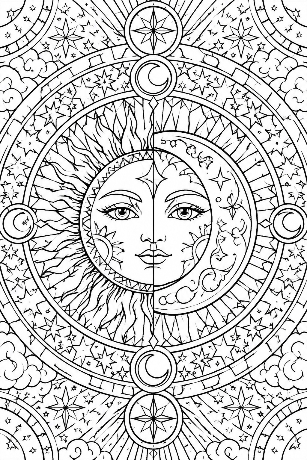 A black and white line drawing of a circular mandala with a central split sun and moon face, stars, clouds, and ornate borders.