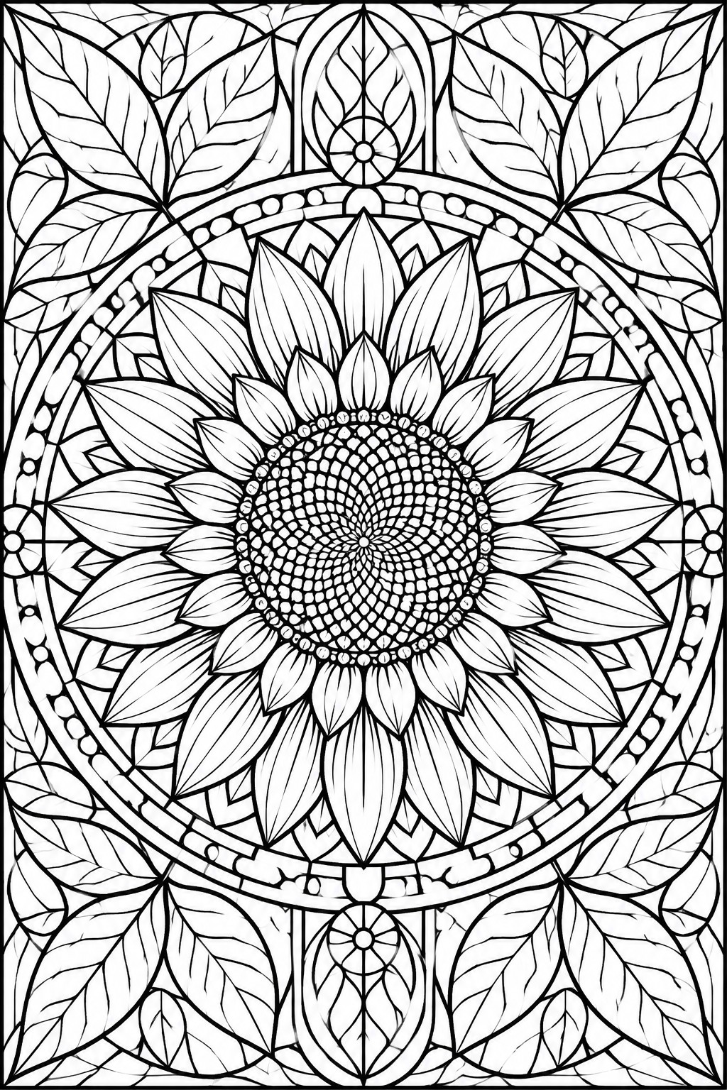 Intricate black-and-white mandala coloring page with central sunflower and leafy borders.