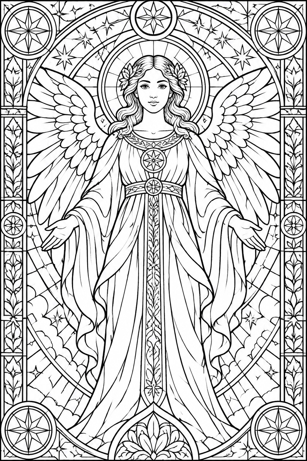 Winged angel in flowing robes with halo amid starry stained glass patterns