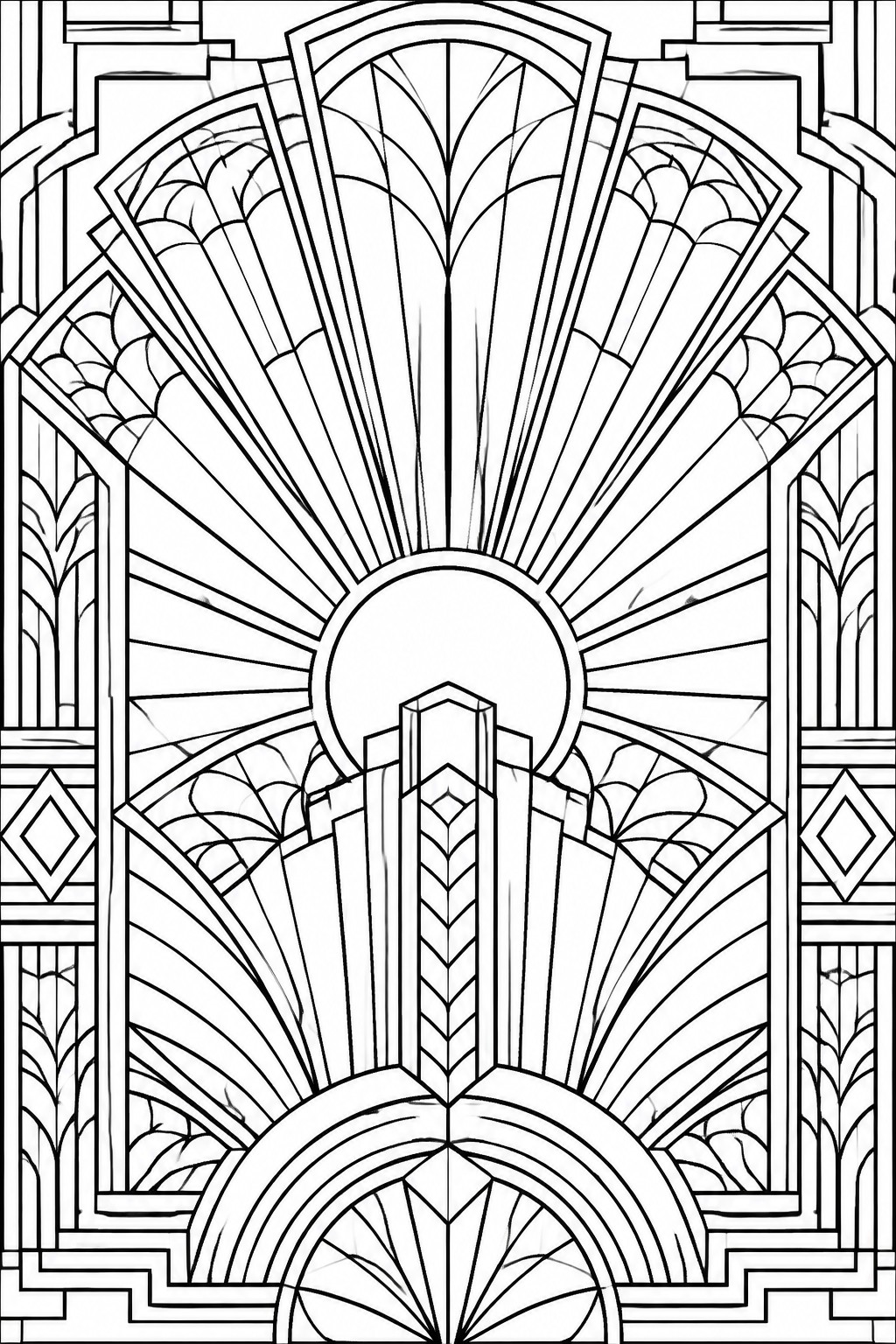 Art Deco black-and-white line art with sunburst rays, central circle, and arches