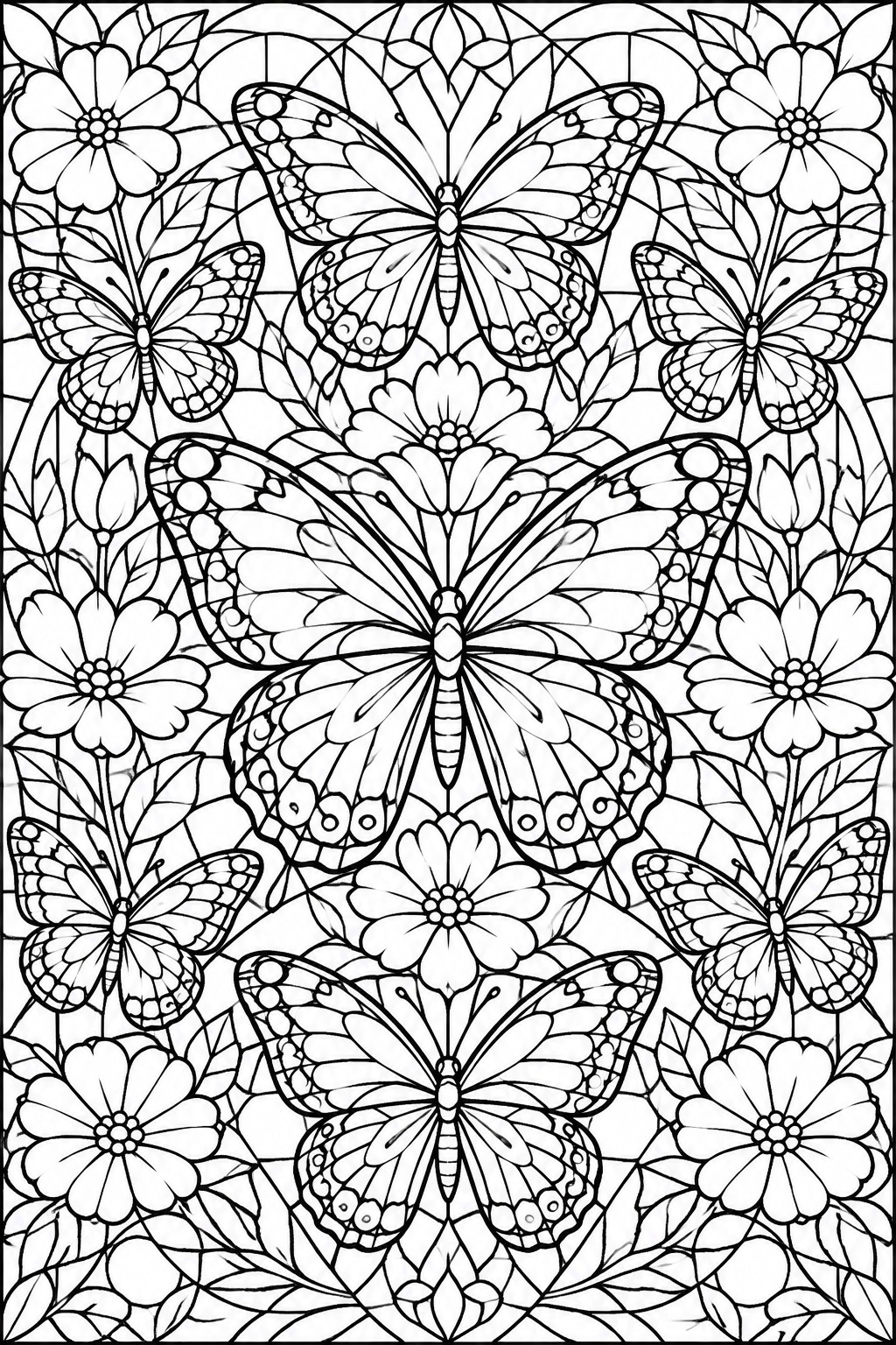 Symmetrical black and white line art of butterflies and flowers in a dense pattern