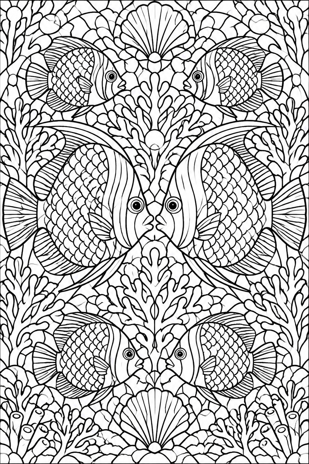 Black and white intricate line art of tropical fish amid coral reefs and shells