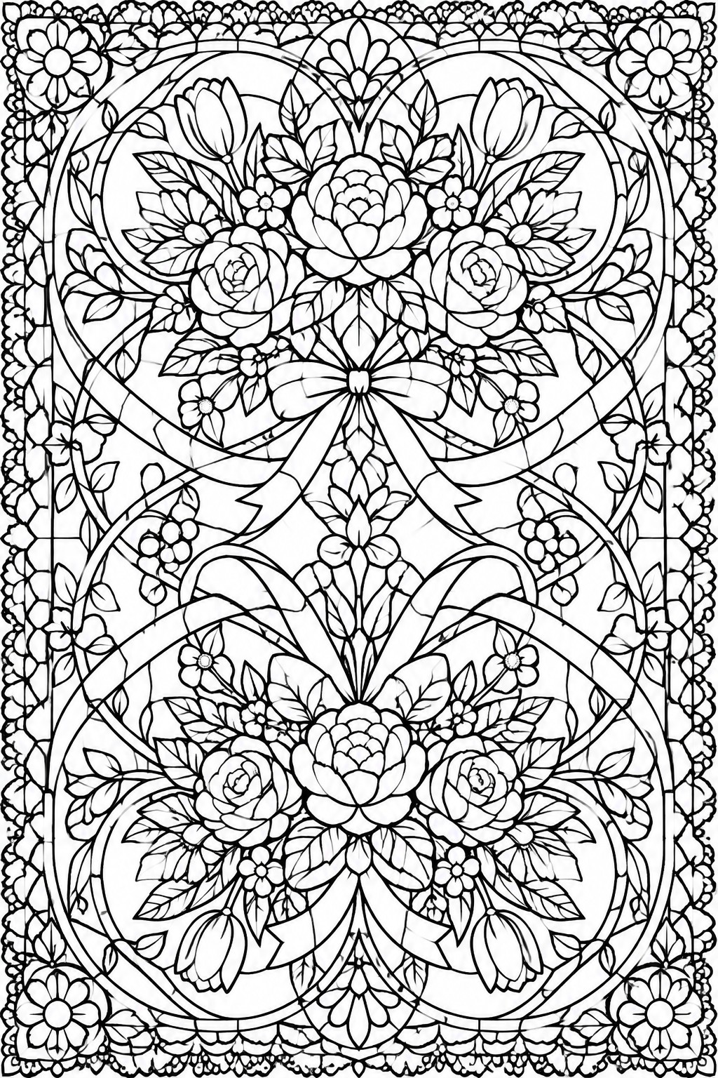 Intricate black and white floral mandala with roses, tulips, bow and ornate border.