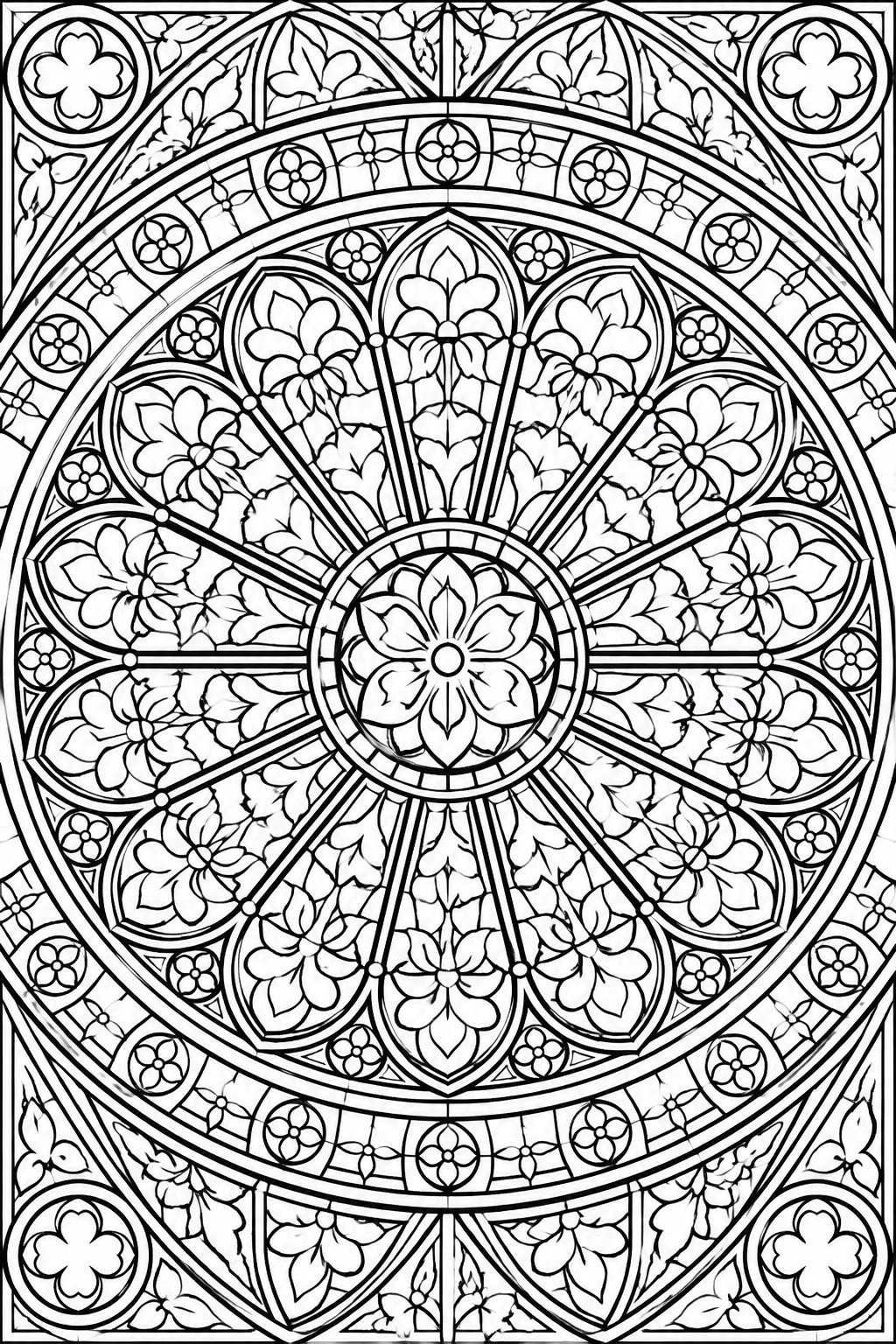 Intricate black and white circular mandala with floral and geometric patterns