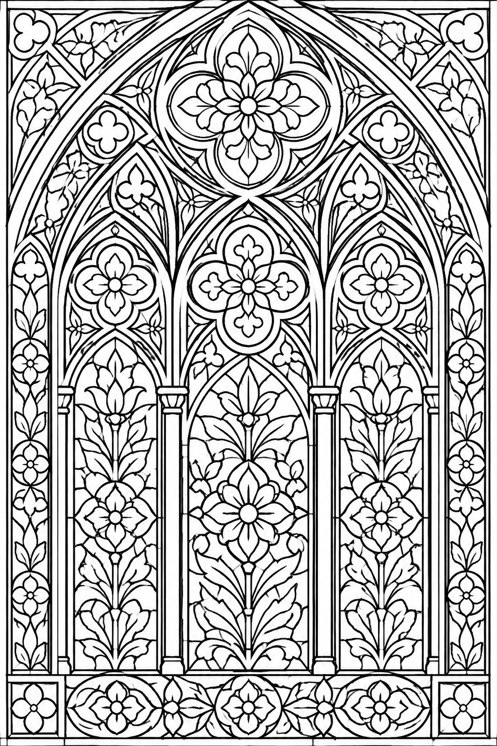 Ornate Gothic window design with floral motifs, pointed arches, and intricate tracery in black and white.