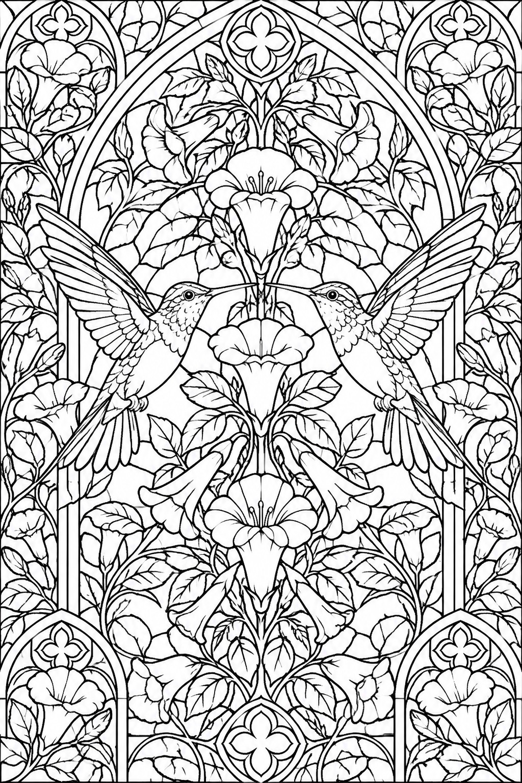 Black and white line art of two hummingbirds facing each other among large flowers inside multiple arched stained glass panels.