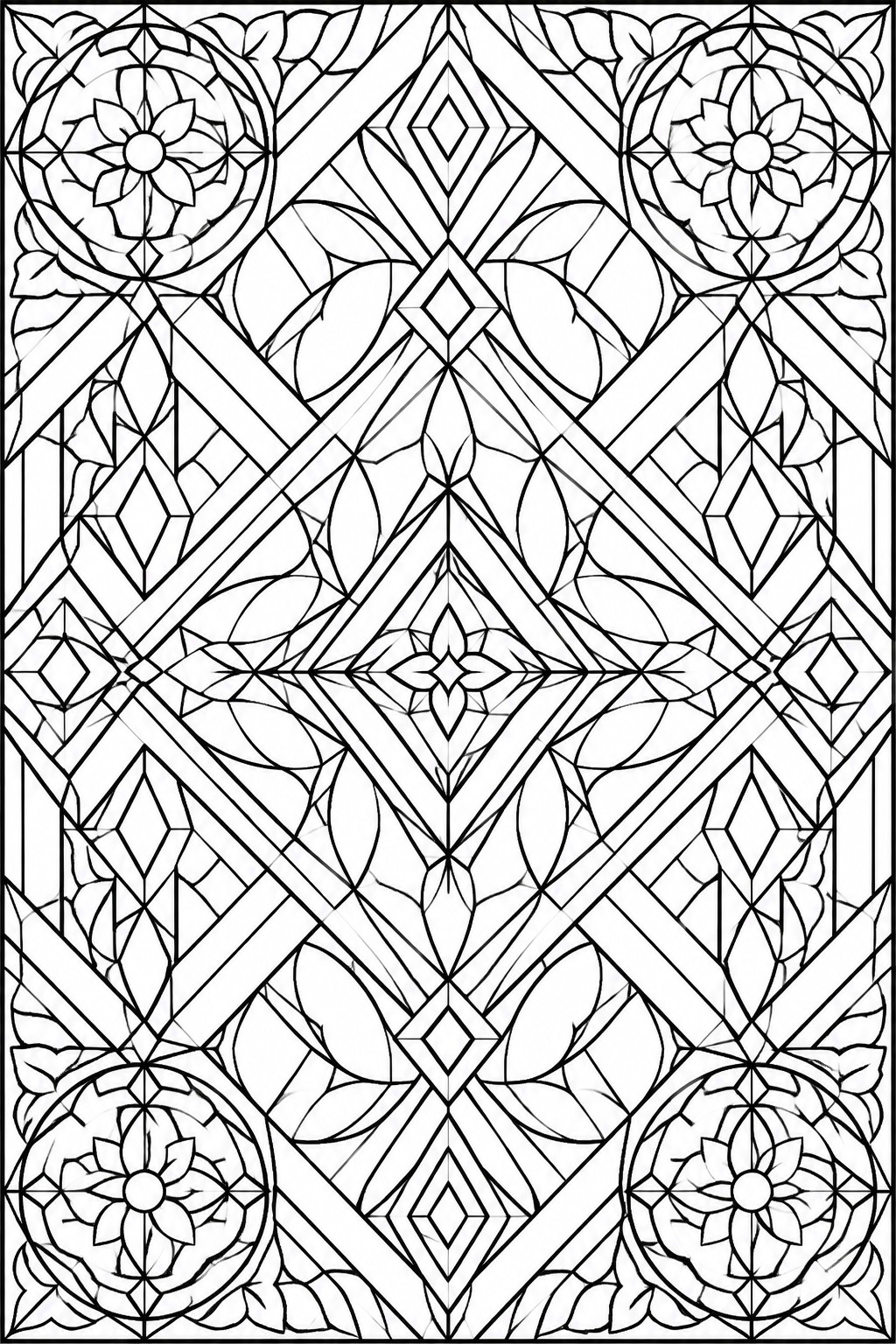 Intricate black and white stained glass pattern with floral and geometric designs.