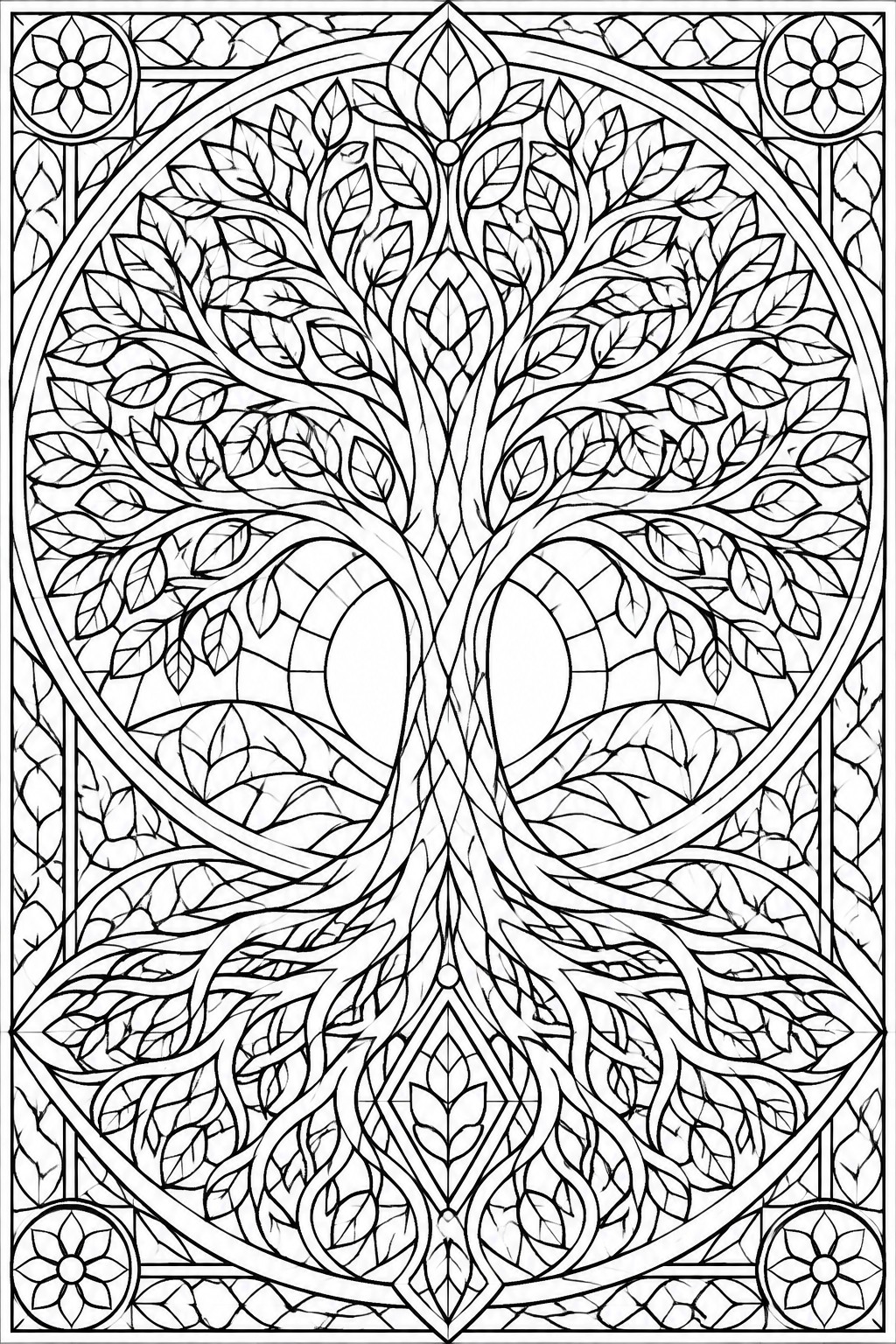 A black and white line drawing of a symmetrical tree of life inside a circle, with detailed leaves on branches and roots, plus floral corner accents.