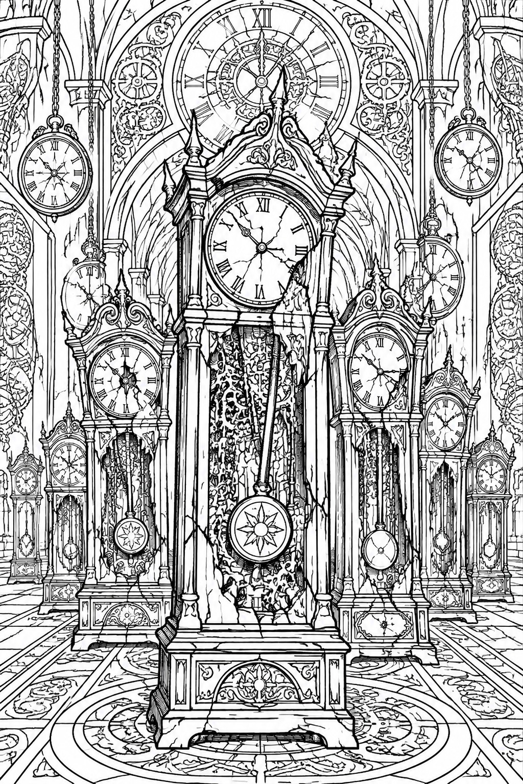 Detailed black-and-white line art of a grand hall crowded with ornate broken clocks