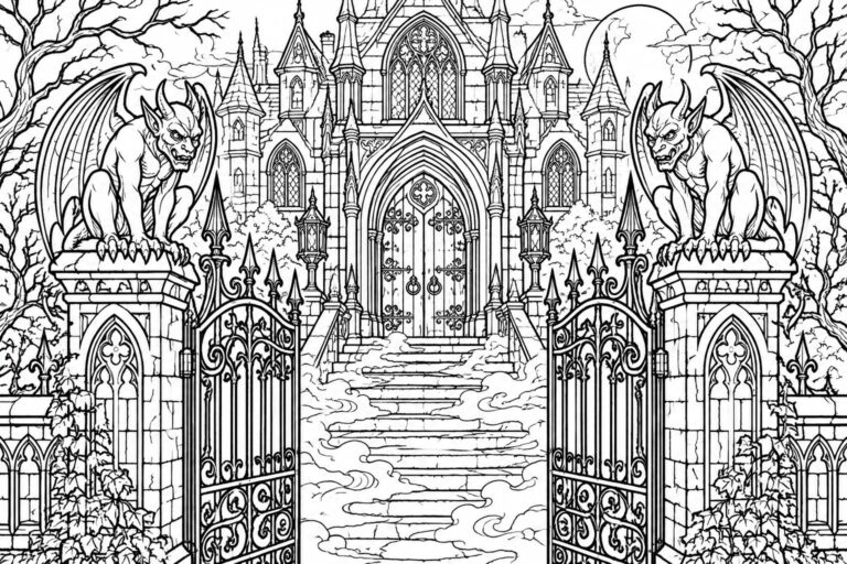 Gothic castle entrance with winged gargoyles, open iron gates, and stone stairs.