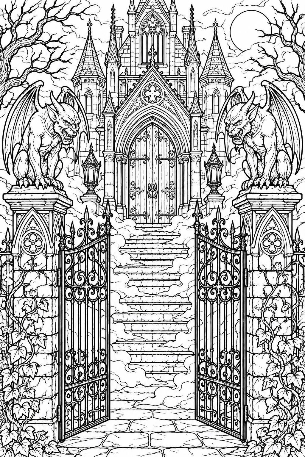 Gothic castle entrance with winged gargoyles, open iron gates, and stone stairs.