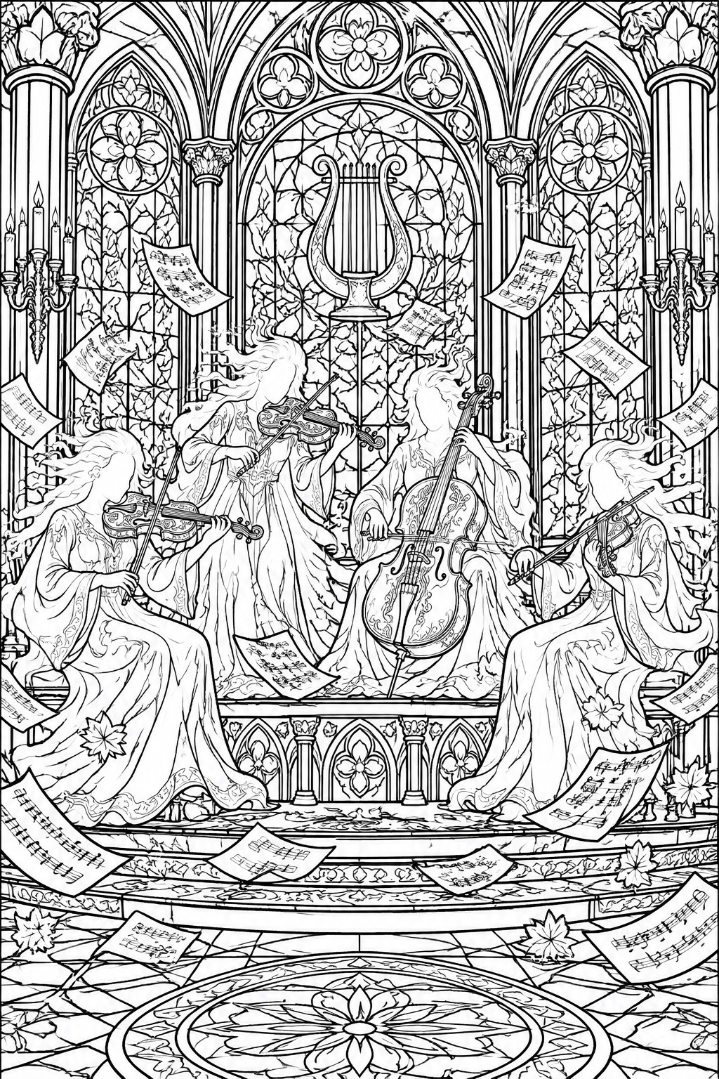 Four robed women playing violins and cello amid floating sheet music in gothic cathedral