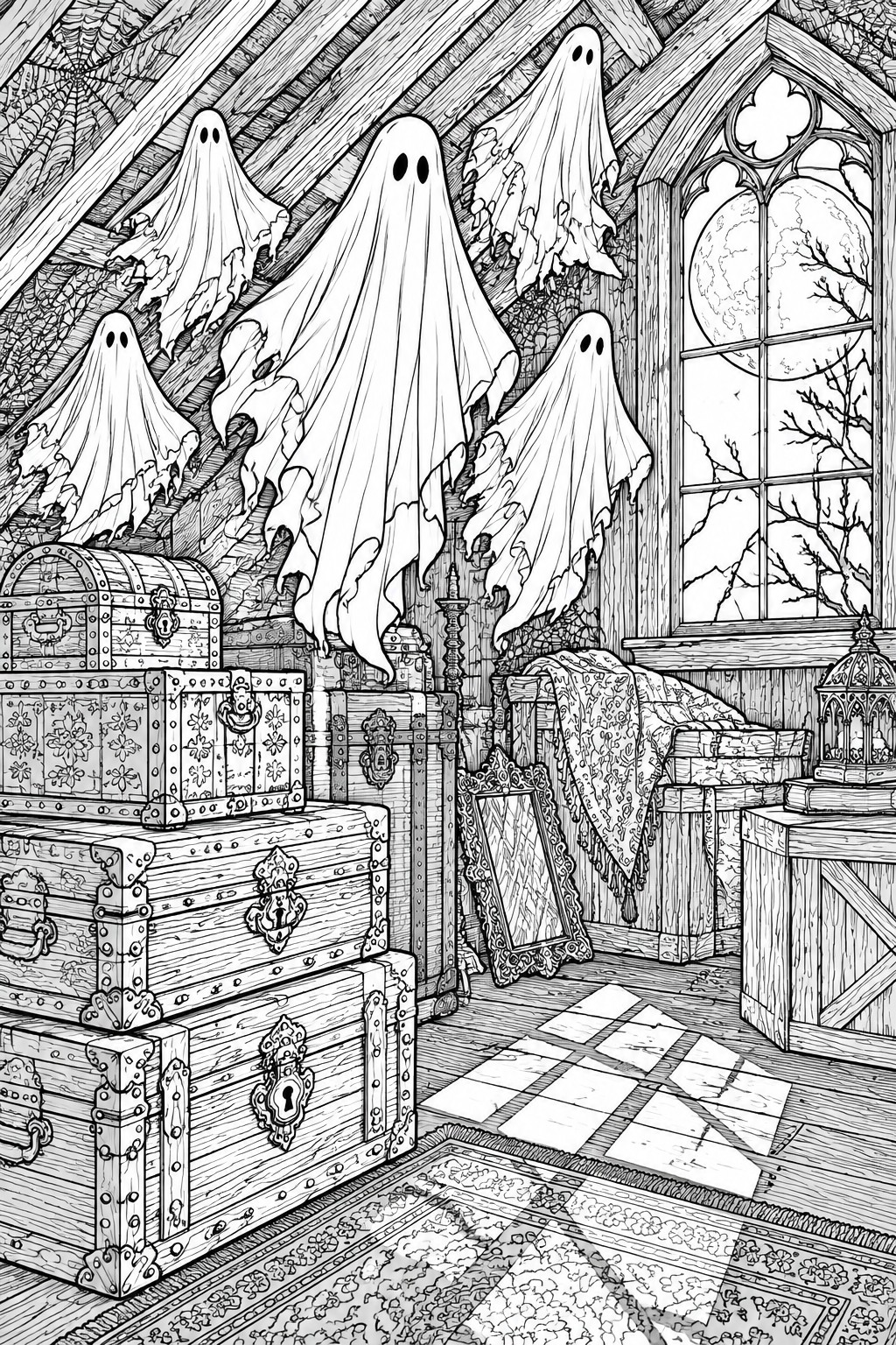 Multiple ghosts float among wooden trunks in a moonlit attic with cobwebs.