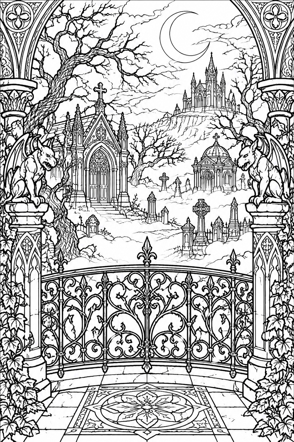 Gothic cemetery line art with gargoyles, ornate gate, tombstones, and moonlit castle.