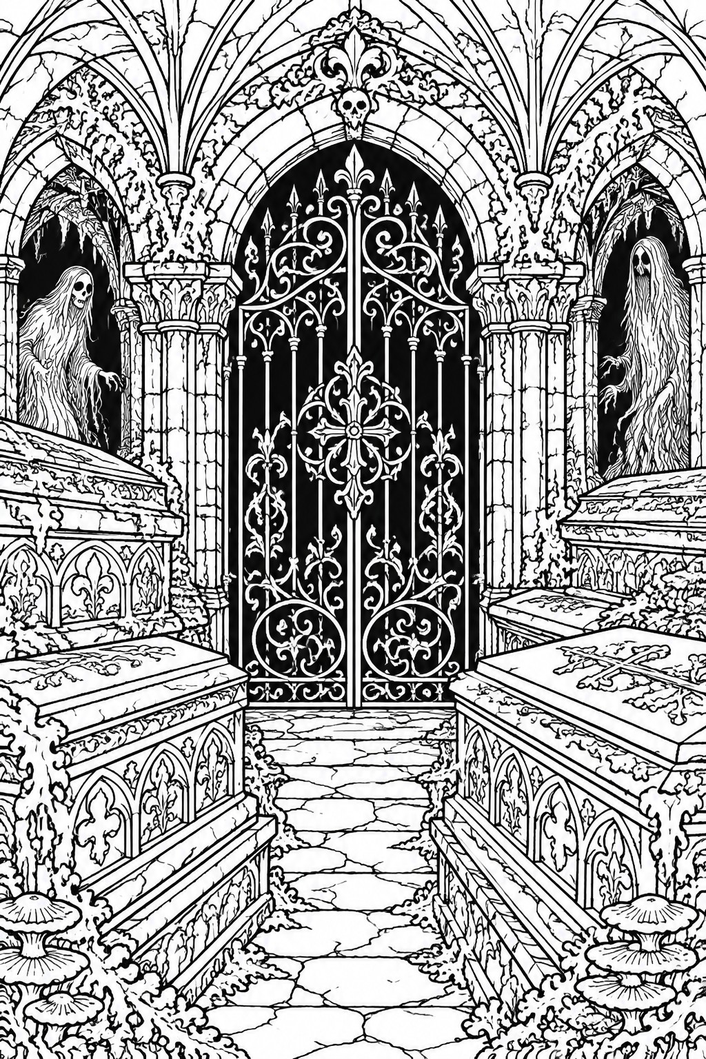 A black and white coloring page showing a gothic crypt with a large ornate gate, stone tombs on both sides, and ghostly figures standing in arched niches.