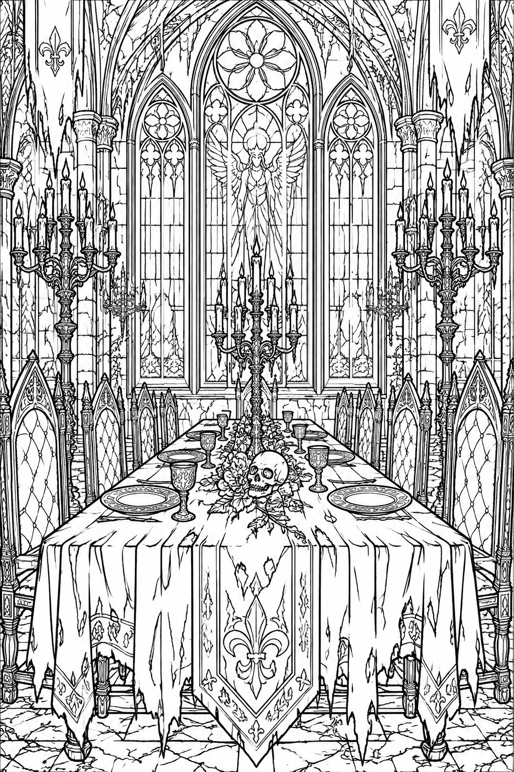 Gothic hall with long table, candelabras, ornate chairs, and stained glass angel.
