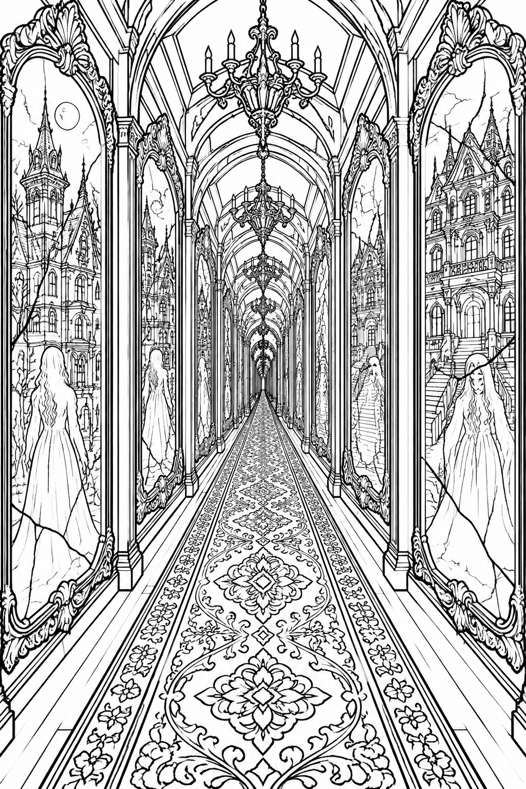 Black and white line art of a long arched mansion hallway with chandeliers, a detailed patterned carpet, and ornate side panels showing ghostly figures and gothic buildings.
