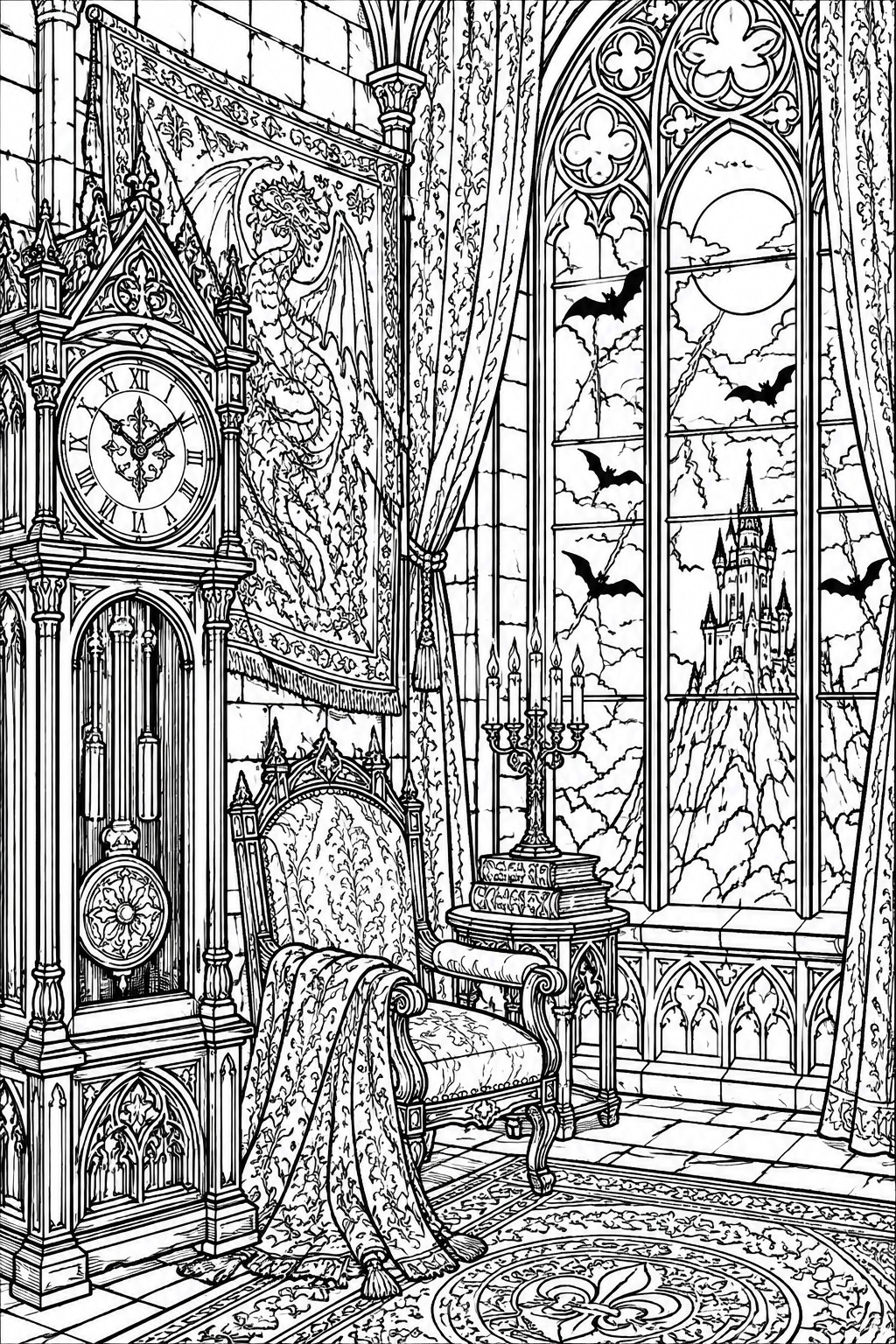 Gothic interior with grandfather clock, ornate chair, candelabra, dragon tapestry, and bat-filled windows