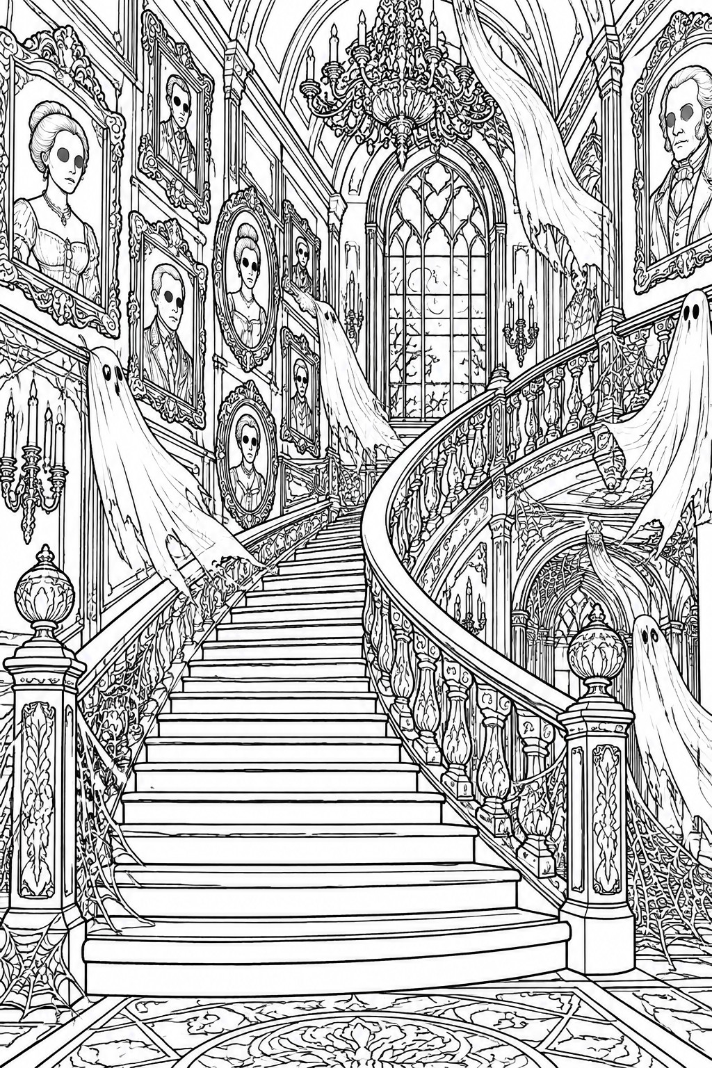 Ornate haunted staircase with floating sheet ghosts and black-eyed portraits in line art.
