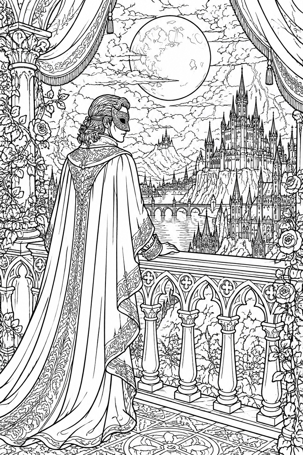 Masked figure in ornate cape stands on balcony overlooking moonlit fantasy castle at night