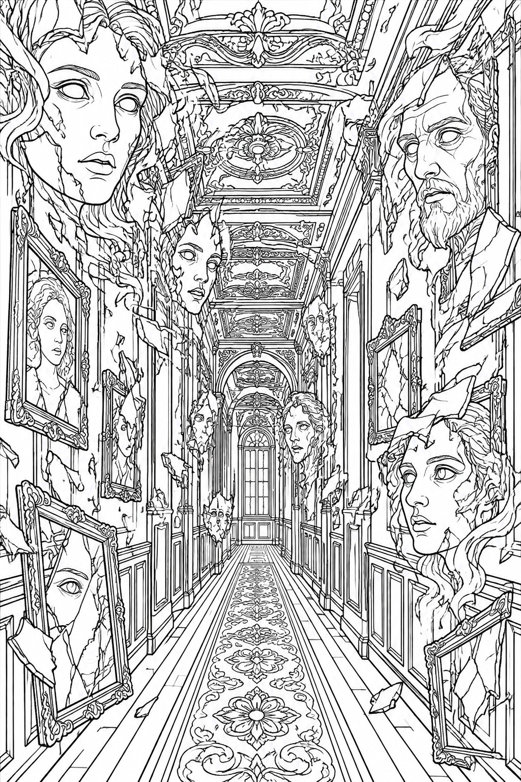 Black and white line drawing of a long ornate mansion hallway with floating broken picture frames and cracked heads along the walls.
