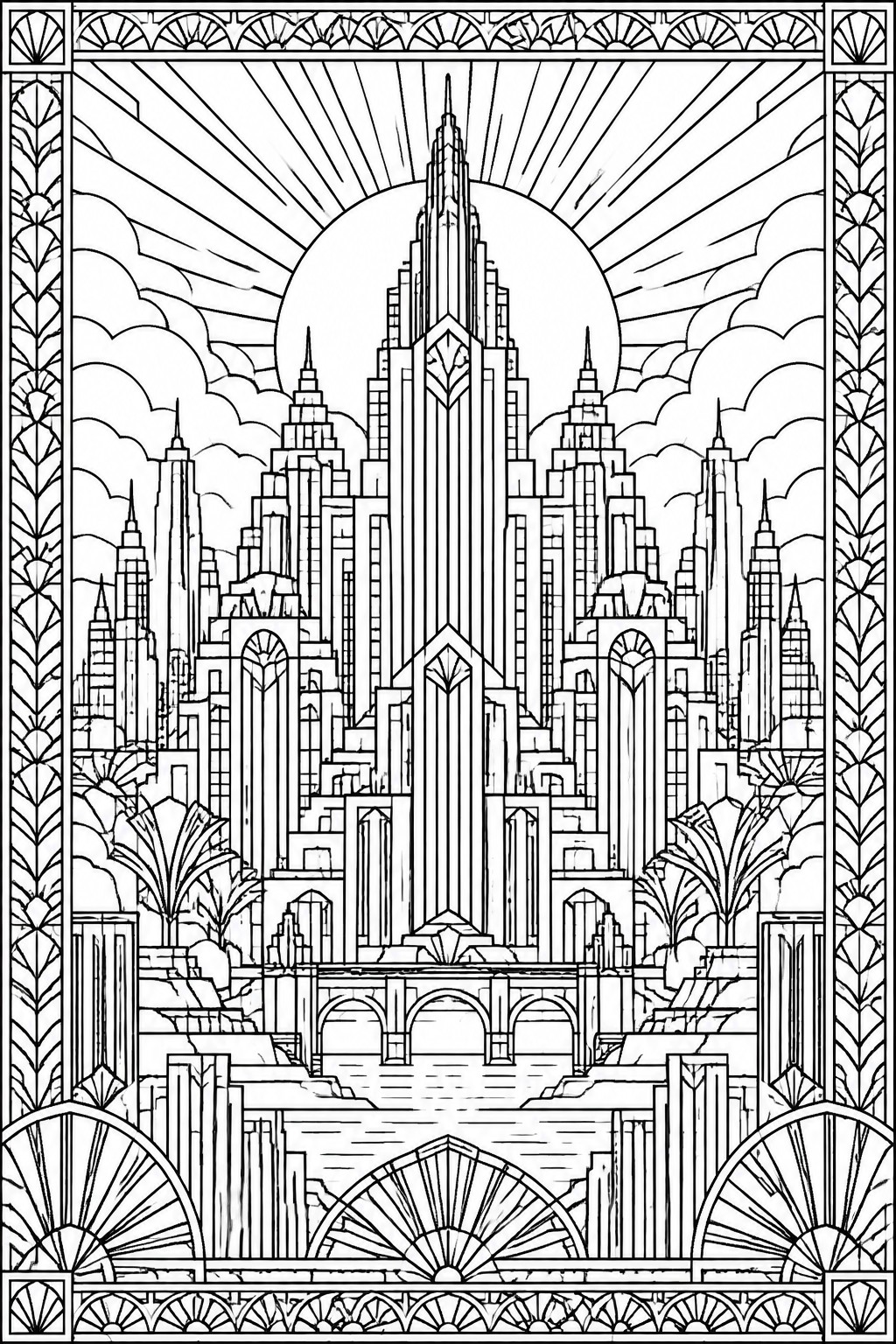 Art Deco cityscape with skyscrapers, sun rays, bridge, clouds, and ornate borders.