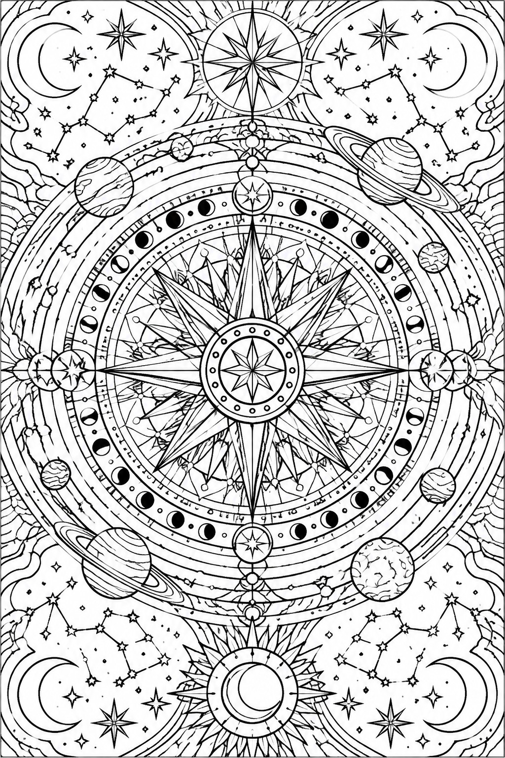 Intricate black-and-white celestial mandala with compass rose, planets, moons and stars