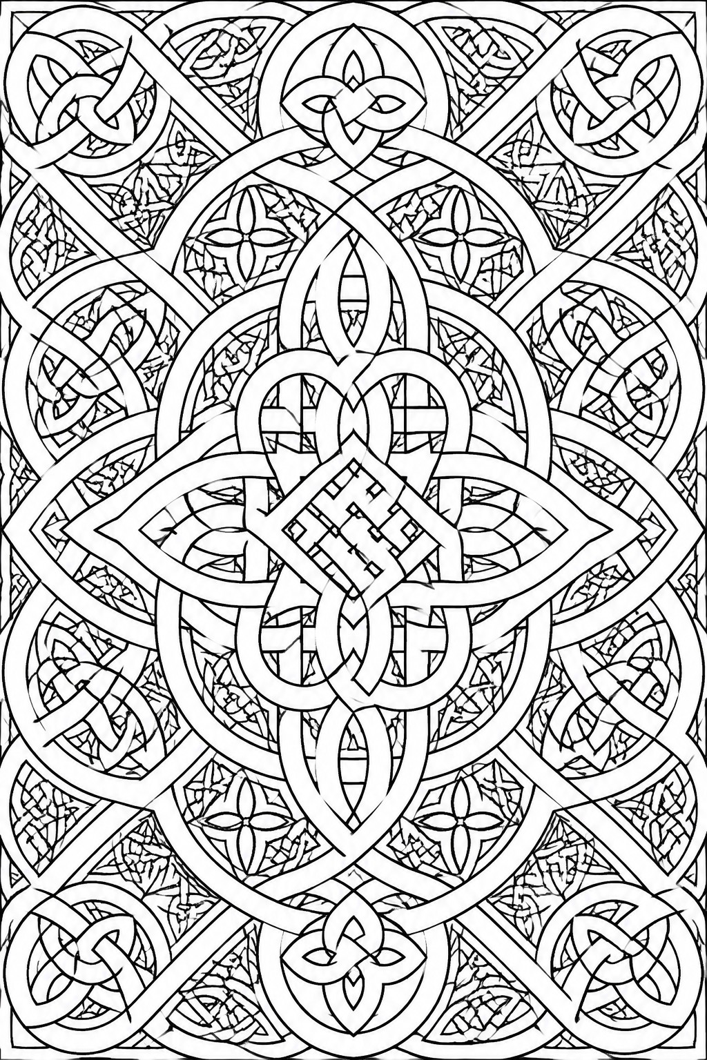 Intricate black and white Celtic knotwork with interwoven loops, circles, and lattice details