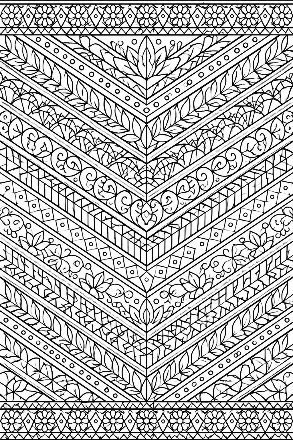 Intricate black-and-white coloring page with floral, leaf, and geometric chevron patterns