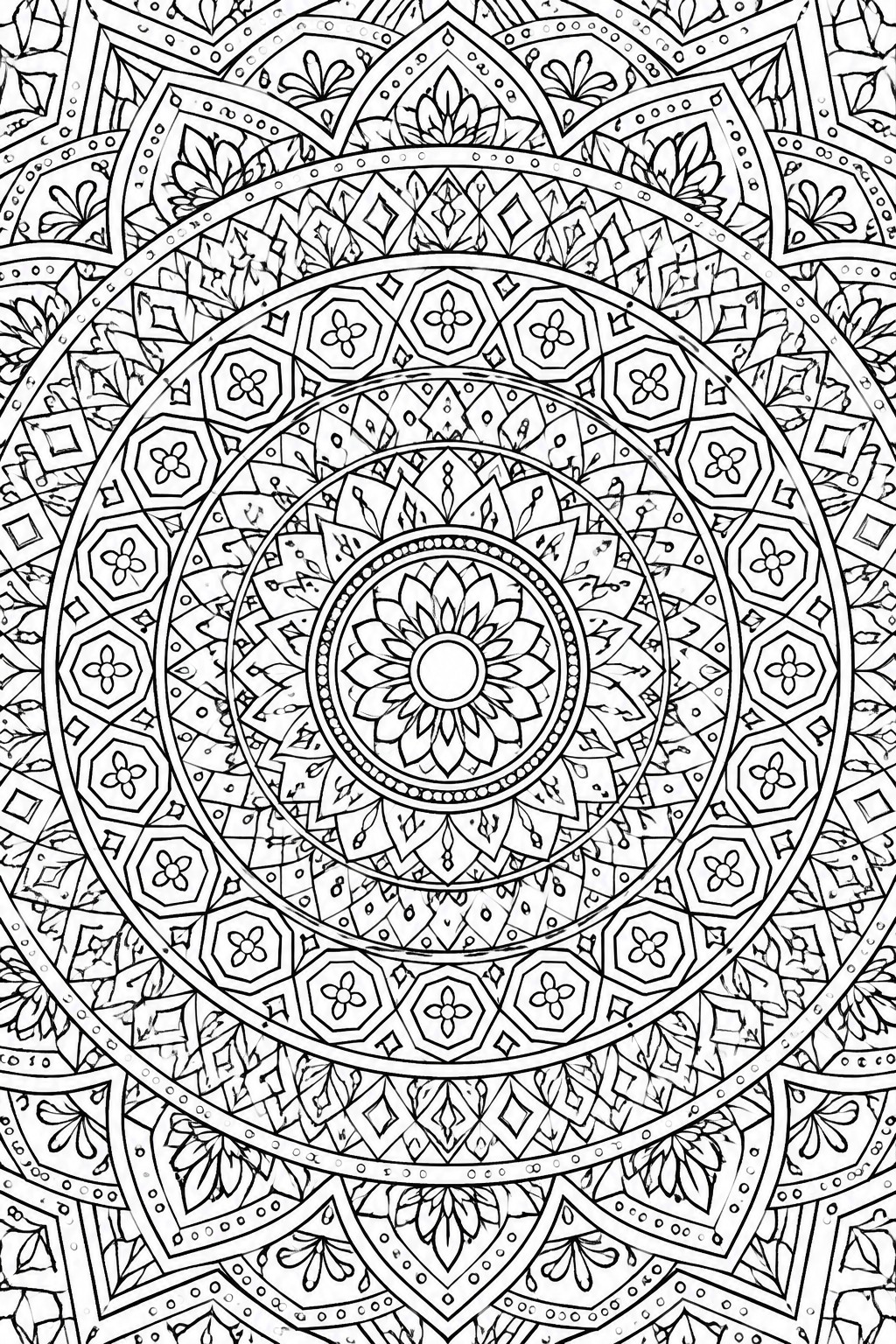 Intricate black-and-white mandala with concentric floral and geometric patterns.