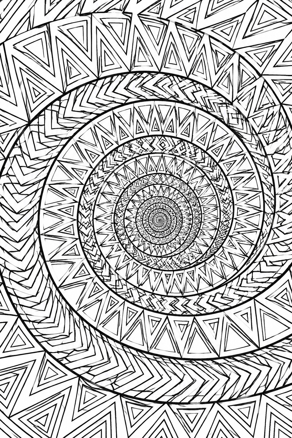 Intricate black and white mandala of concentric triangles and chevron patterns