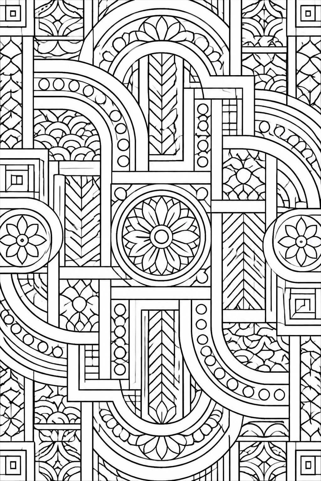 A black and white coloring page covered in interlocking arches, circles with floral centers, chevrons, and repeating geometric motifs.