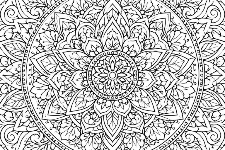 A black and white mandala coloring page with intricate floral and leaf patterns arranged in concentric circles.