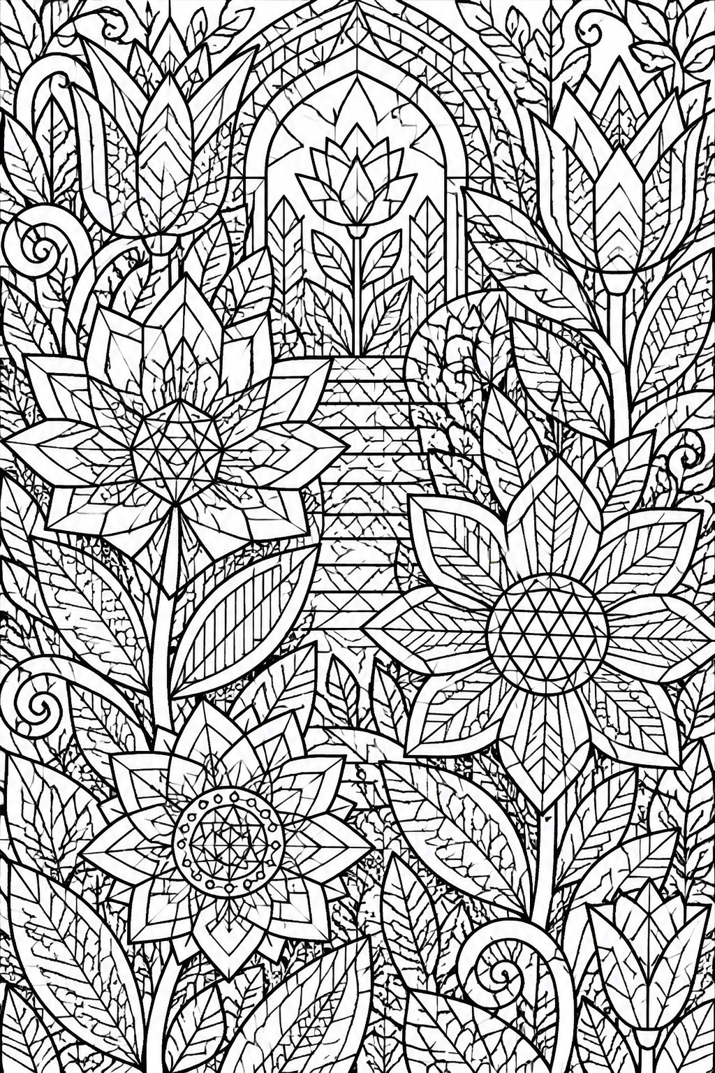 Intricate black and white line art of flowers, leaves, and ornate arches