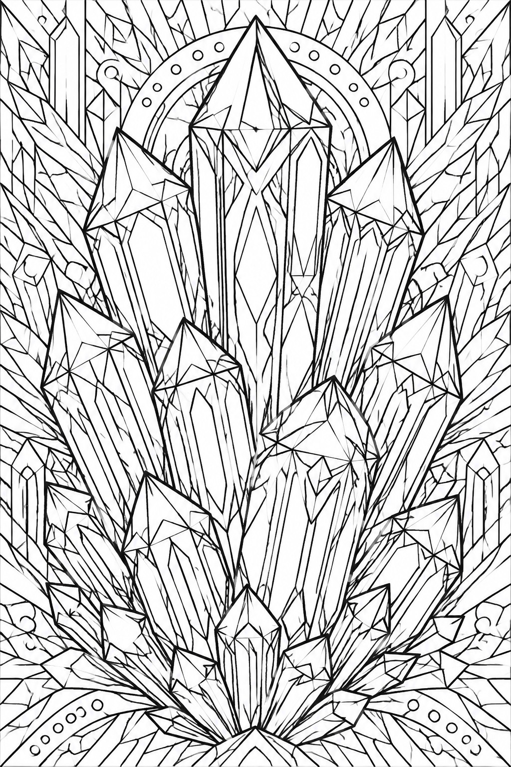 Intricate black-and-white line art of a large faceted crystal cluster