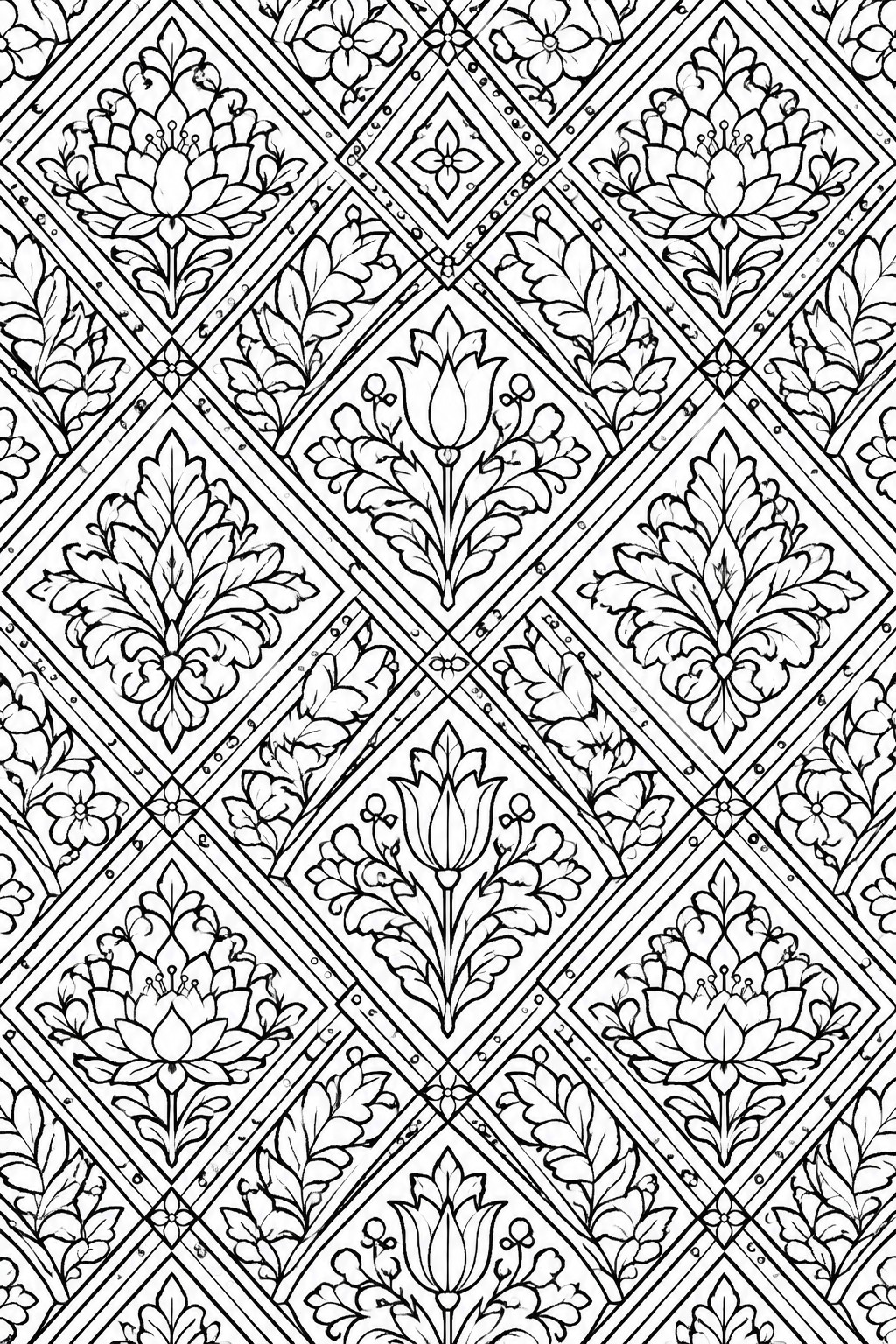 Intricate black-and-white repeating floral pattern with diamond motifs and stylized blooms.