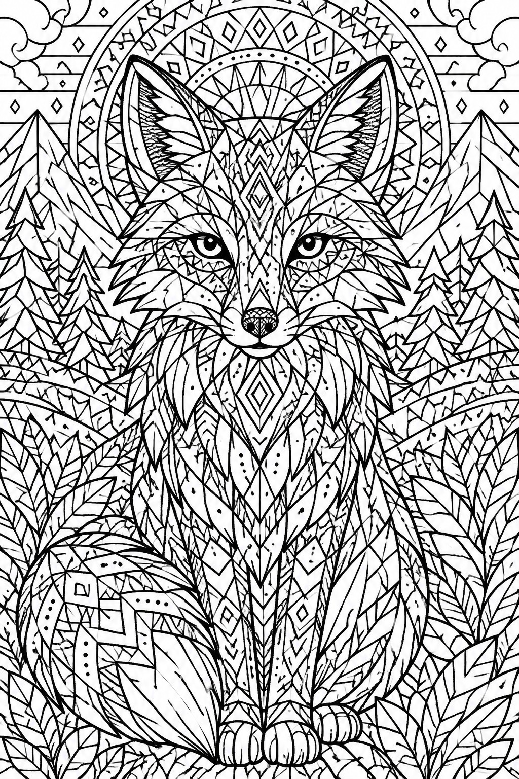 Intricate mandala-patterned fox amid pine trees and mountains in line art