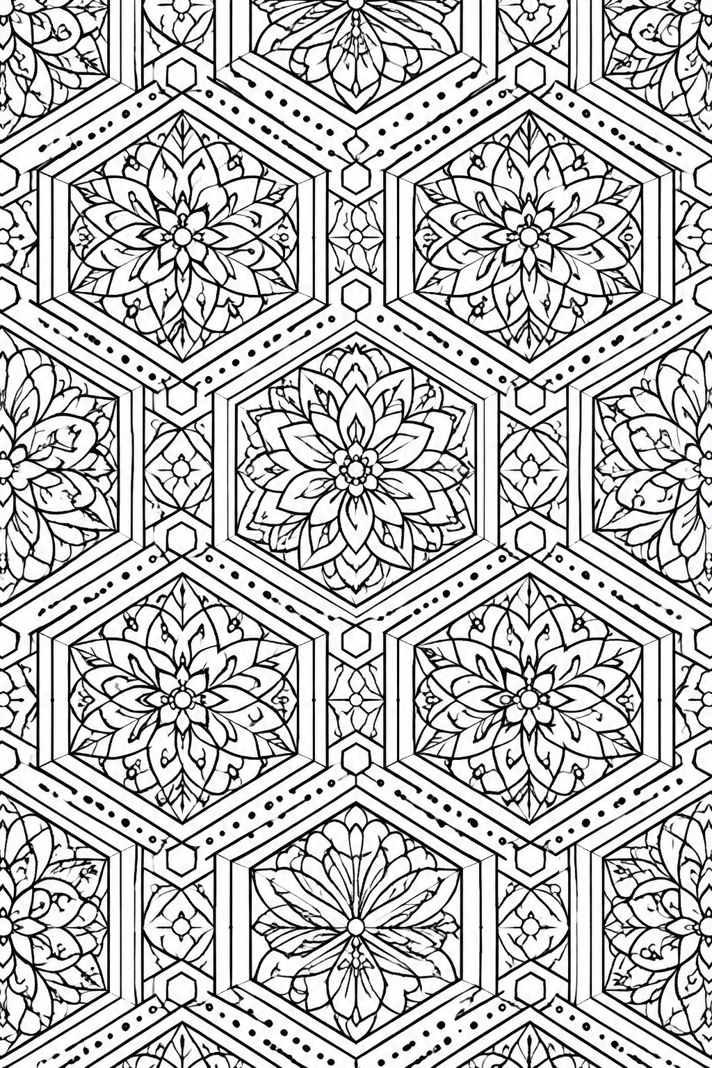 Intricate black and white floral mandalas filling a repeating hexagonal pattern.