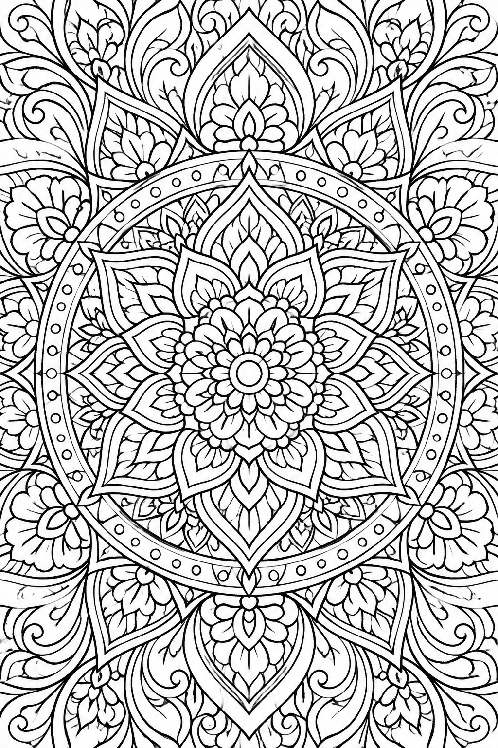 A black and white mandala coloring page with intricate floral and leaf patterns arranged in concentric circles.