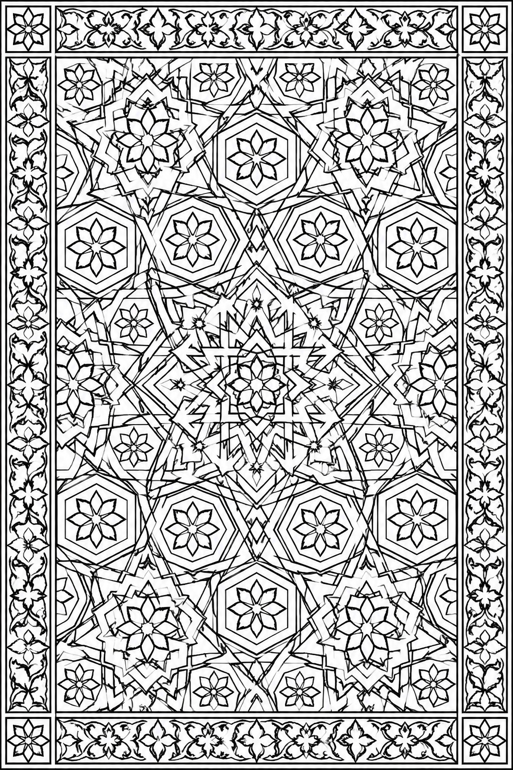 Black and white line art of an intricate geometric pattern with overlapping stars, hexagons, and floral motifs inside a decorative border.