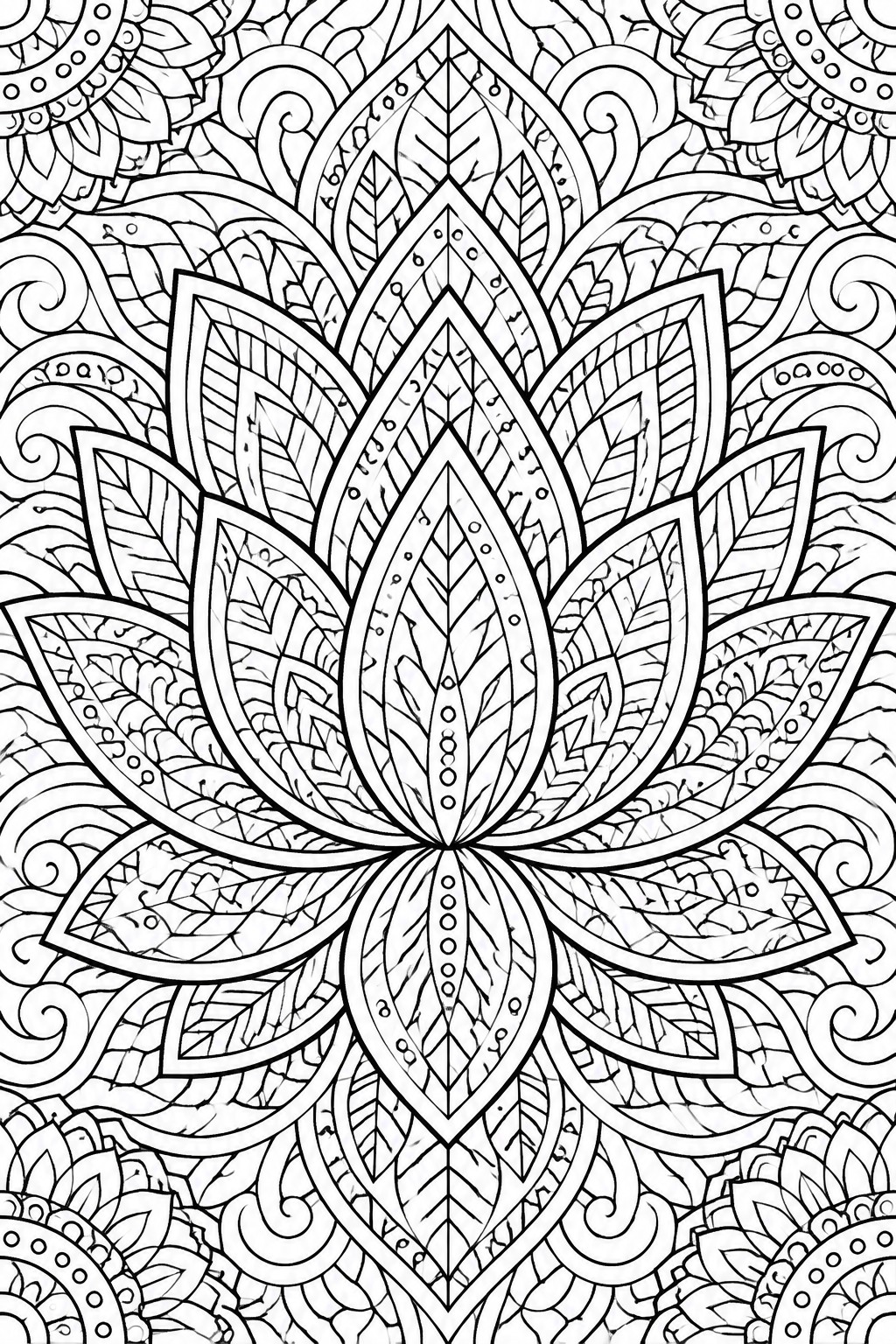 Intricate black and white mandala with central lotus flower and swirling patterns.