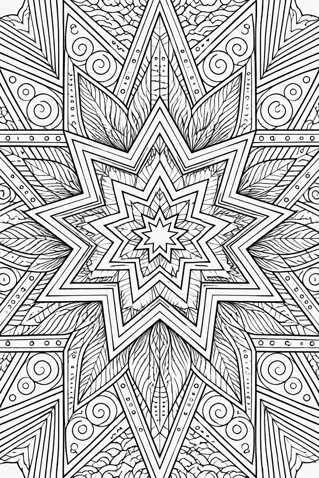Symmetrical black and white mandala with layered stars, leaves, and swirling patterns.