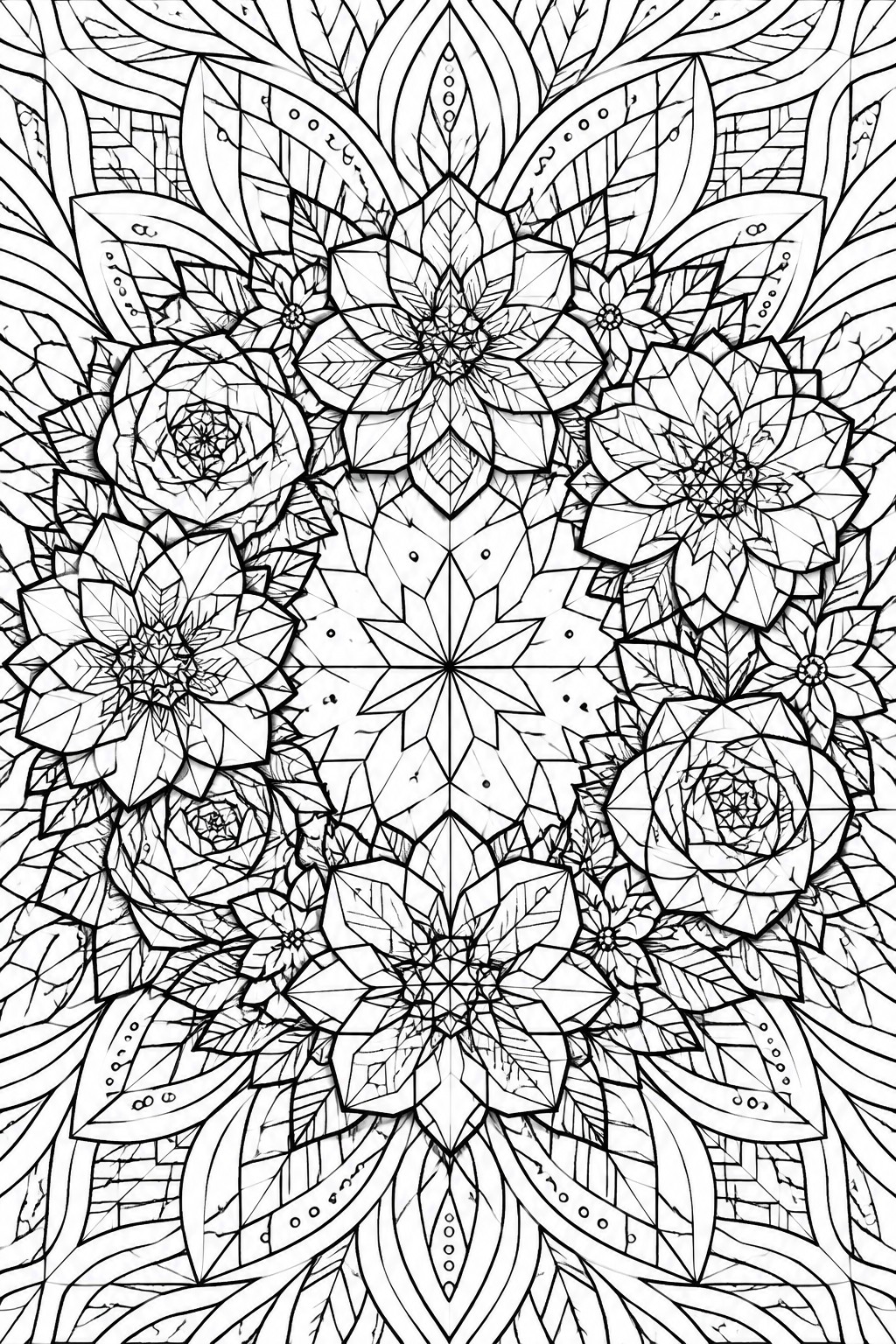 A black and white line art mandala composed of intricate floral and succulent patterns arranged symmetrically.
