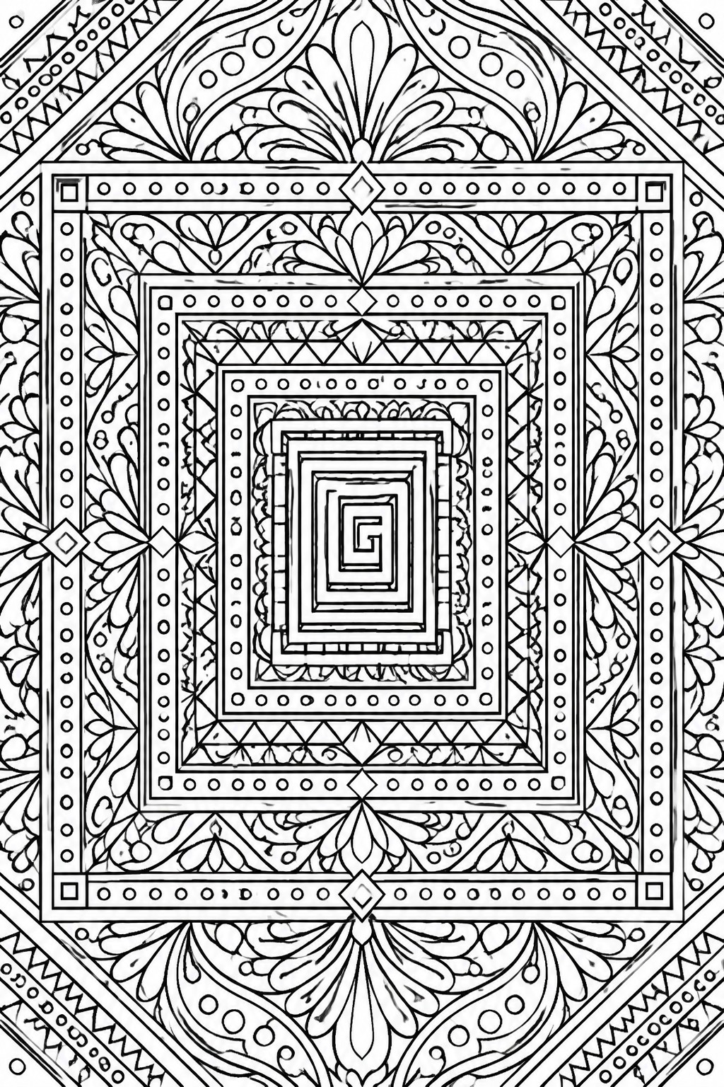 Intricate black and white mandala with concentric squares and floral patterns.