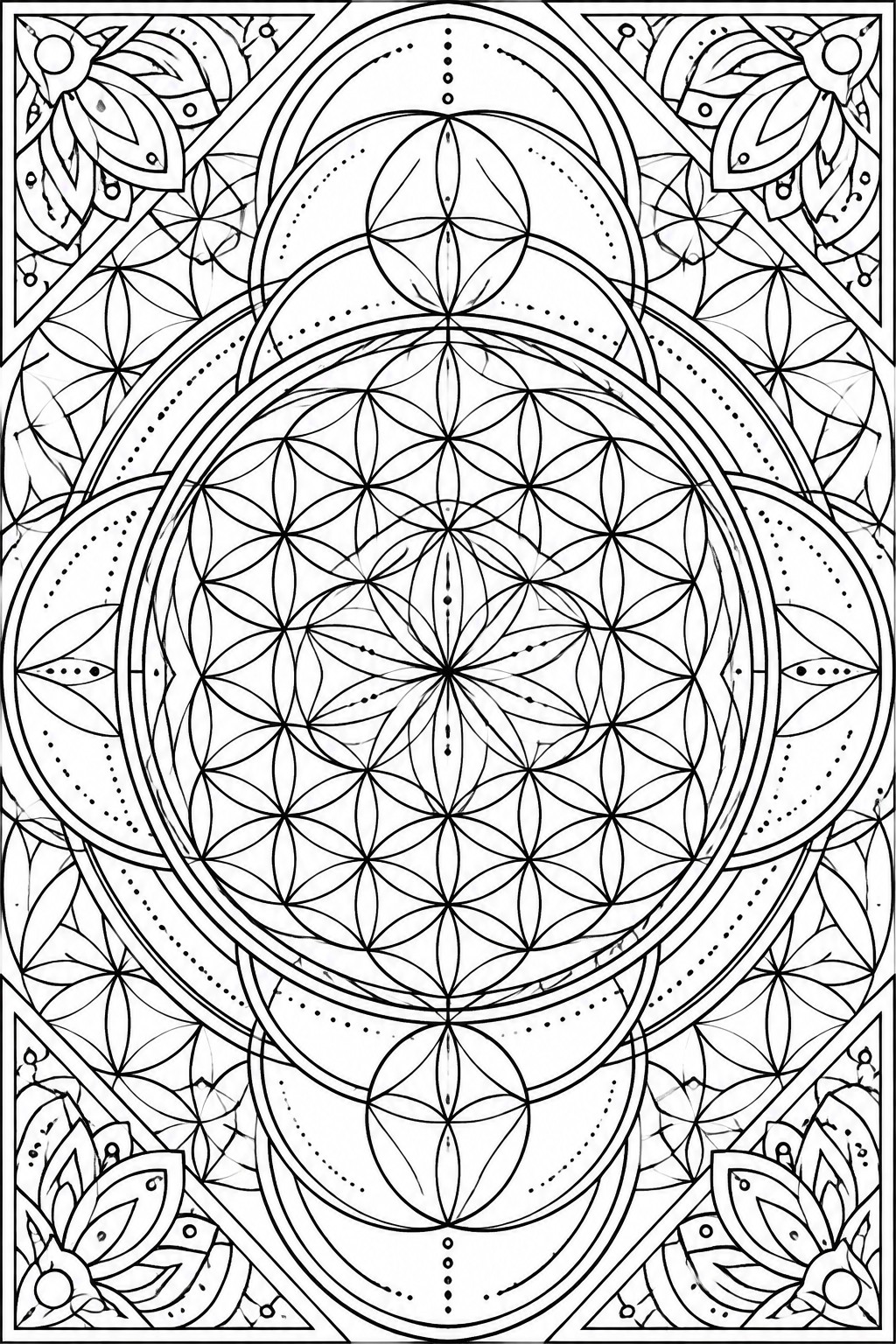 A black and white coloring page of a large central mandala made from overlapping circles, surrounded by rings and floral corner designs.
