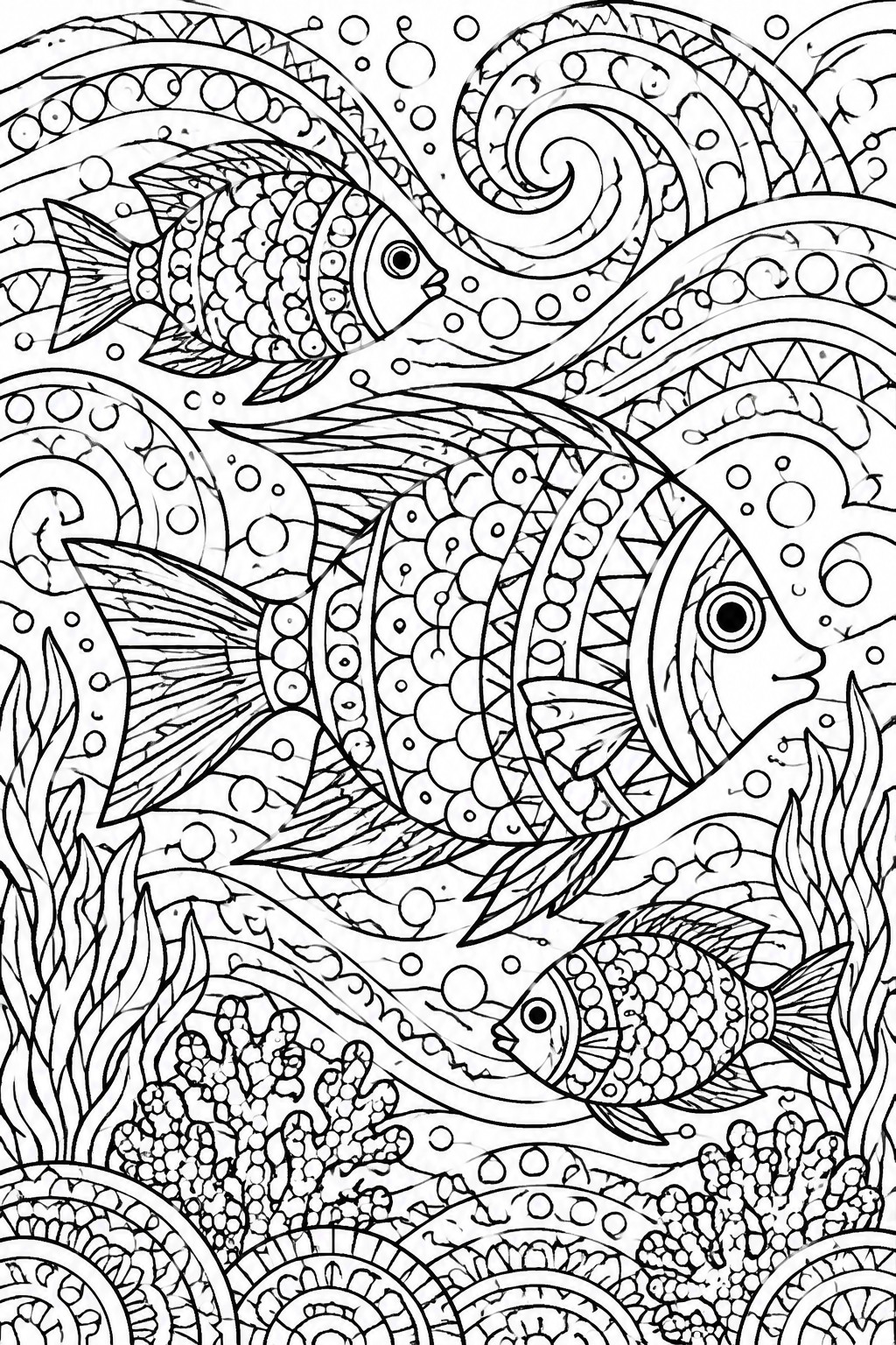 Intricate black-and-white coloring page of three fish amid swirling waves, bubbles, and coral
